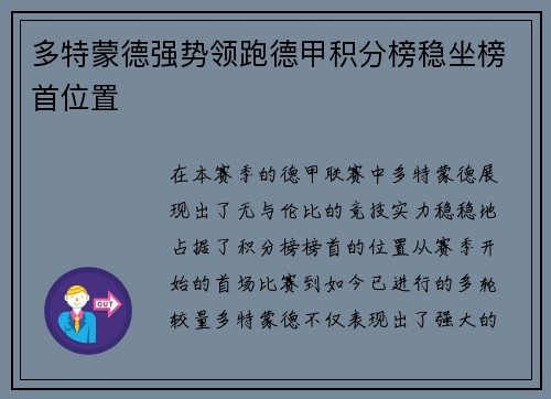 多特蒙德强势领跑德甲积分榜稳坐榜首位置