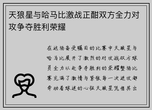 天狼星与哈马比激战正酣双方全力对攻争夺胜利荣耀