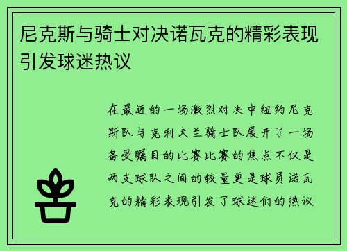 尼克斯与骑士对决诺瓦克的精彩表现引发球迷热议